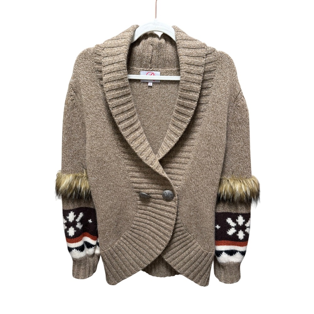 Roja Cardigan Women Small Brown Faux Fur Trim Snowflake Lambswool Angora Sweater